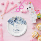 Elegant Dusty Blue Floral Baptisme Papieren Bordje (Feest)