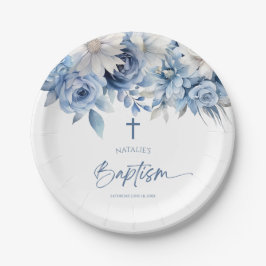 Elegant Dusty Blue Floral Baptisme Papieren Bordje