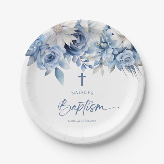 Elegant Dusty Blue Floral Baptisme Papieren Bordje (Voorkant)