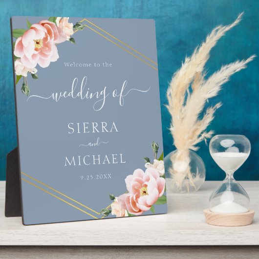 Elegant Dusty Blue Floral Blush Gold Wedding Fotoplaat (Zijkant)