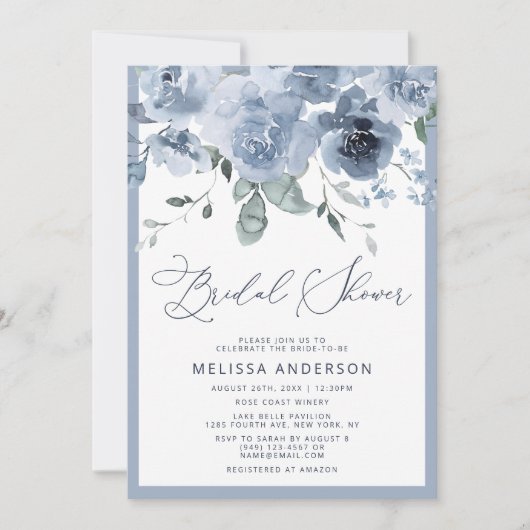 Elegant Dusty Blue Floral Bridal Shower Kaart (Voorkant)