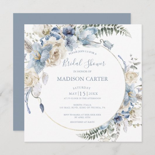 Elegant Dusty Blue Floral Bridal Shower Kaart (Voorkant / Achterkant)