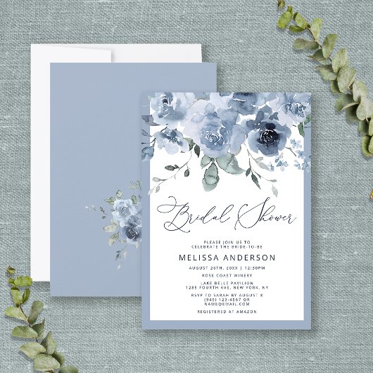 Elegant Dusty Blue Floral Bridal Shower Kaart