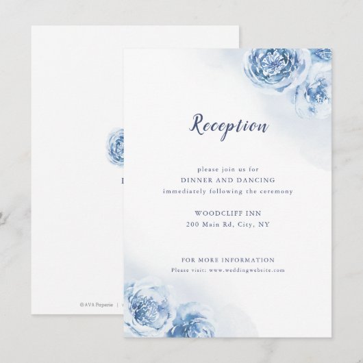 Elegant dusty blue floral bruiloft receptie enclos informatiekaartje (Voorkant / Achterkant)