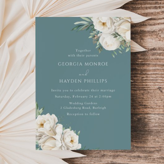 Elegant Dusty Blue & Floral bruiloft uitnodiging