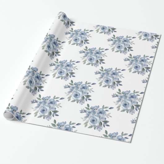 Elegant Dusty Blue Floral Cadeaupapier (Uitgerold)