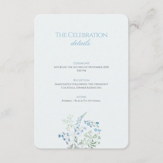 Elegant Dusty blue Floral Calligraphy Wedding Informatiekaartje (Voorkant)