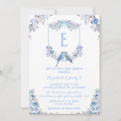 Elegant Dusty Blue Floral Crest Bow Baby shower Kaart (Voorkant)