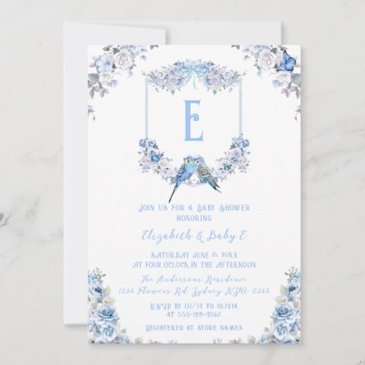 Elegant Dusty Blue Floral Crest Bow Baby shower Kaart (Voorkant)