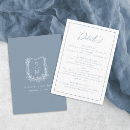 Elegant Dusty Blue Floral Crest bruiloft details Informatiekaartje