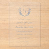 Elegant Dusty Blue Floral Crest Monogram Weddensch Acryl Uitnodigingen (Voorkant)