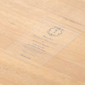 Elegant Dusty Blue Floral Crest Monogram Weddensch Acryl Uitnodigingen (Laagn)