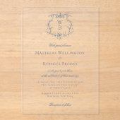 Elegant Dusty Blue Floral Crest Monogram Weddensch Acryl Uitnodigingen (Voorkant)