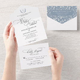 Elegant Dusty Blue Floral Crest Monogram Weddensch All In One Uitnodiging