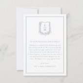 Elegant Dusty Blue Floral Crest Monogram Weddensch Bedankkaart (Achterkant)