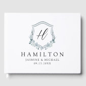 Elegant Dusty Blue Floral Crest Monogram Weddensch Gastenboek (Voorkant)
