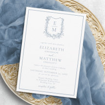 Elegant Dusty Blue Floral Crest Monogram Weddensch