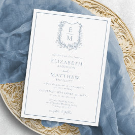 Elegant Dusty Blue Floral Crest Monogram Weddensch Kaart