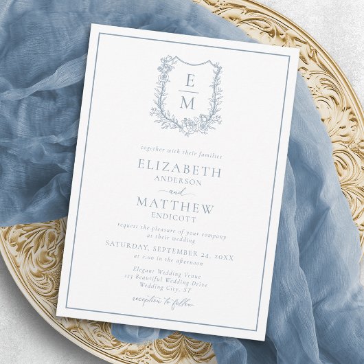 Elegant Dusty Blue Floral Crest Monogram Weddensch Kaart