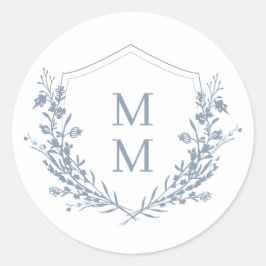 Elegant Dusty Blue Floral Crest Monogram Weddensch Ronde Sticker