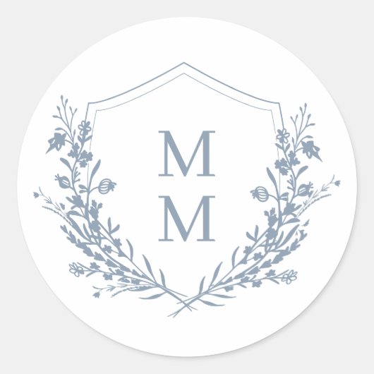 Elegant Dusty Blue Floral Crest Monogram Weddensch Ronde Sticker (Voorkant)