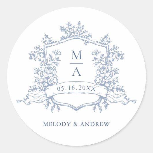 Elegant Dusty Blue Floral Crest Monograms Wedding Ronde Sticker (Voorkant)