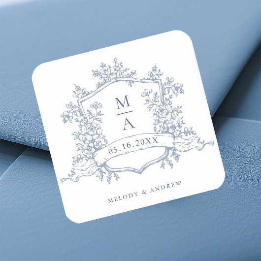 Elegant Dusty Blue Floral Crest Monograms Wedding Ronde Sticker