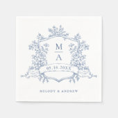 Elegant Dusty Blue Floral Crest Monograms Wedding Servet (Voorkant)