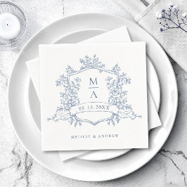 Elegant Dusty Blue Floral Crest Monograms Wedding Servet