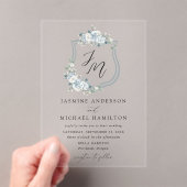 Elegant Dusty Blue Floral Crest Wedding Acryl Uitnodigingen (Insitu (Draagbaar))