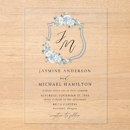 Elegant Dusty Blue Floral Crest Wedding Acryl Uitnodigingen (Voorkant)