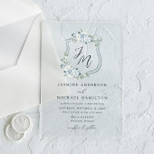 Elegant Dusty Blue Floral Crest Wedding Acryl Uitnodigingen