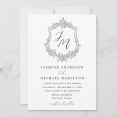 Elegant Dusty Blue Floral Crest Wedding Kaart (Voorkant)