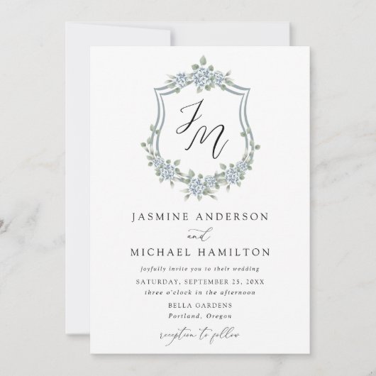 Elegant Dusty Blue Floral Crest Wedding Kaart (Voorkant)
