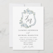 Elegant Dusty Blue Floral Crest Wedding Kaart (Voorkant)