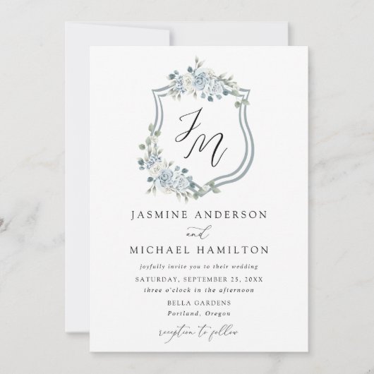 Elegant Dusty Blue Floral Crest Wedding Kaart (Voorkant)