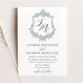 Elegant Dusty Blue Floral Crest Wedding Kaart