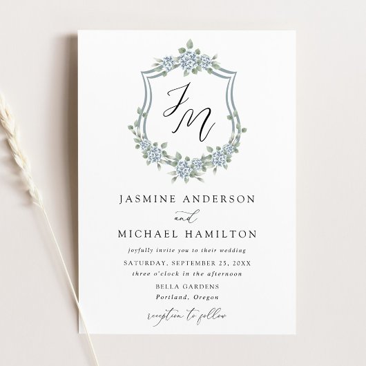 Elegant Dusty Blue Floral Crest Wedding Kaart