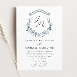 Elegant Dusty Blue Floral Crest Wedding Kaart
