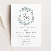 Elegant Dusty Blue Floral Crest Wedding Kaart