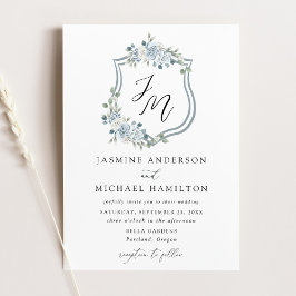 Elegant Dusty Blue Floral Crest Wedding Kaart