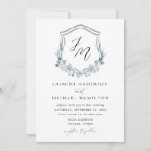 Elegant Dusty Blue Floral Crest Wedding Kaart (Voorkant)