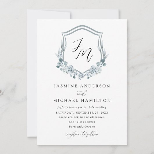 Elegant Dusty Blue Floral Crest Wedding Kaart (Voorkant)