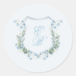 Elegant Dusty Blue Floral Crest Wedding Ronde Sticker