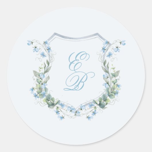 Elegant Dusty Blue Floral Crest Wedding Ronde Sticker (Voorkant)