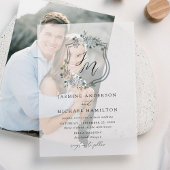 Elegant Dusty Blue Floral Crest Wedding Vellum Uitnodigingen