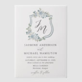 Elegant Dusty Blue Floral Crest Wedding Vellum Uitnodigingen (Voorkant)