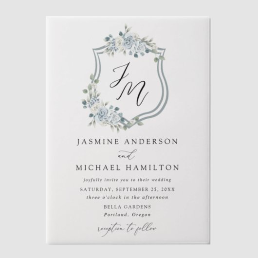 Elegant Dusty Blue Floral Crest Wedding Vellum Uitnodigingen (Voorkant)