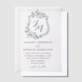 Elegant Dusty Blue Floral Crest Wedding Vellum Uitnodigingen (Offset)