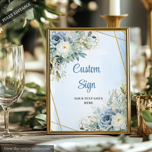 Elegant Dusty Blue Floral Custom Wedding Sign Poster